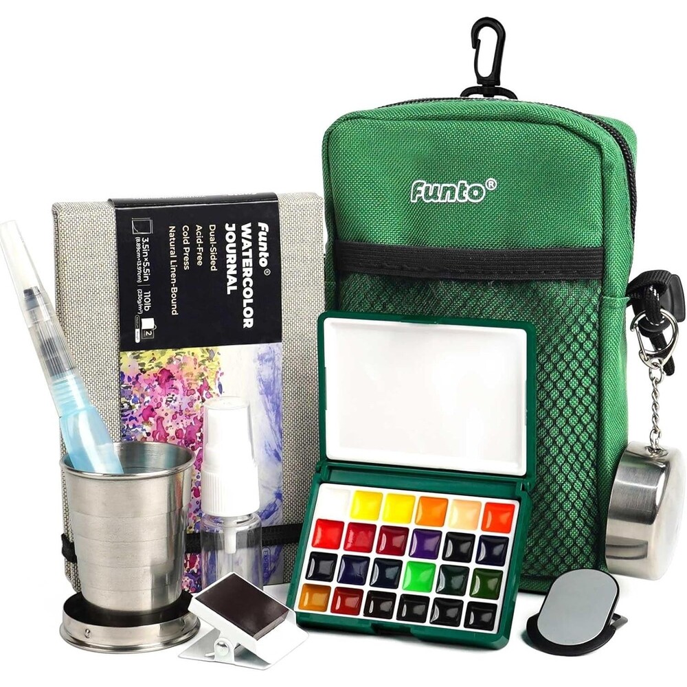 24-Color Travel Watercolor Paint Set with Crossbody Bag Journal Water Cup NEW